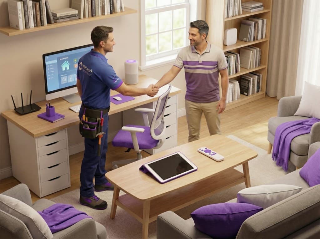 Técnico de red saludando a un cliente en un hogar moderno con equipo de internet y entorno conectado