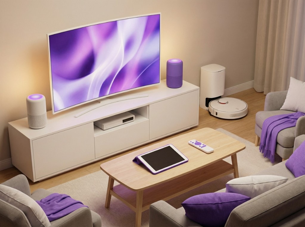 Salón moderno con televisión, altavoces inteligentes y hogar conectado, ambiente luminoso y acogedor